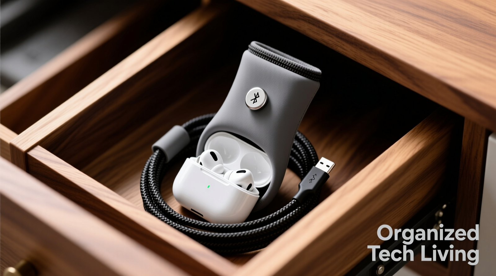 Overhead photo of a gray neoprene micro-cable sleeve standing upright in a walnut drawer divider, with a white Bluetooth earbud case and black braided charging cable fully enclosed and secured by a silver magnetic clasp