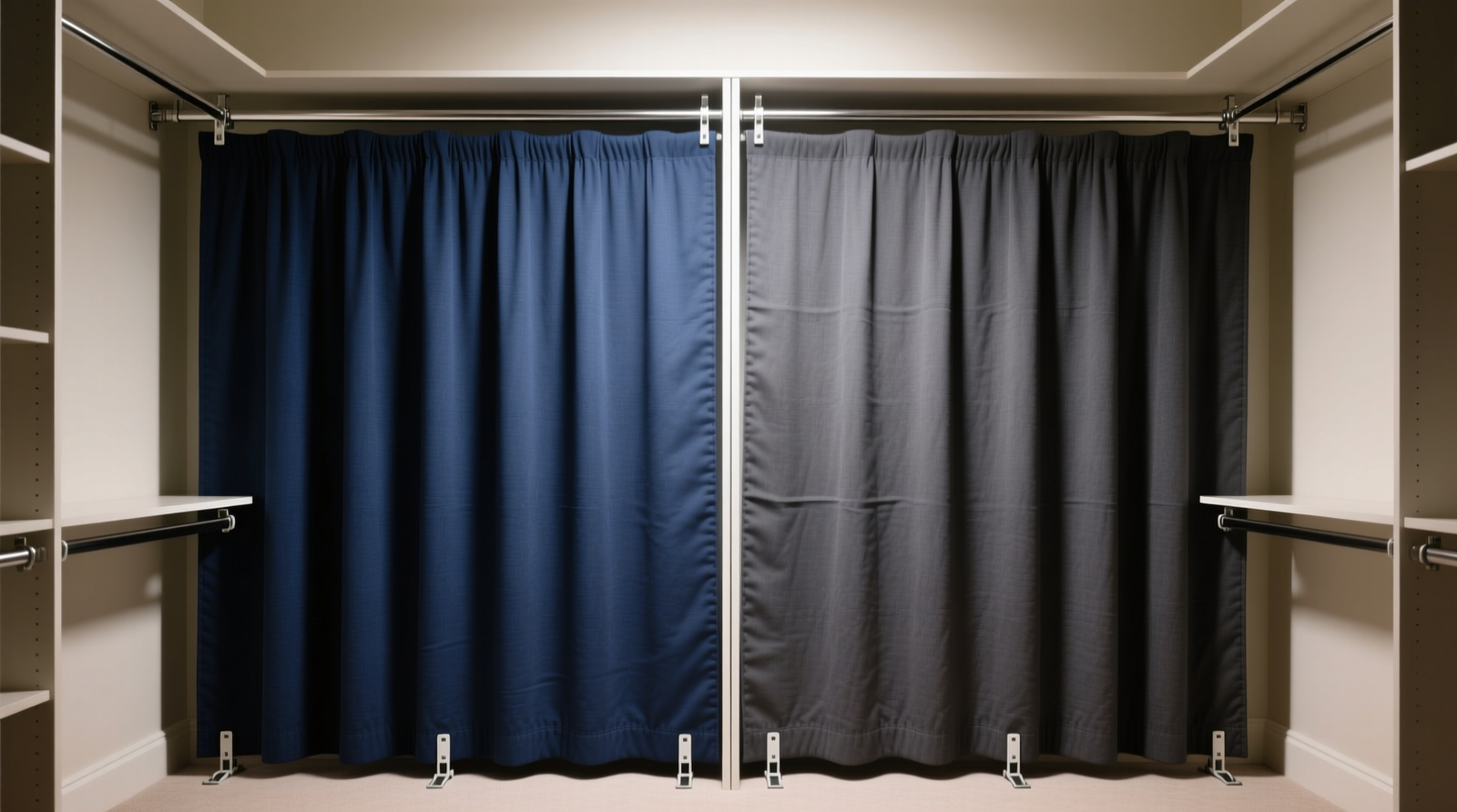 Two-panel foldable fabric closet partition installed in a standard reach-in closet: left panel navy, right panel charcoal; each anchored at ceiling track and floor strap, fully extended with clean vertical seams and no gap at top or bottom