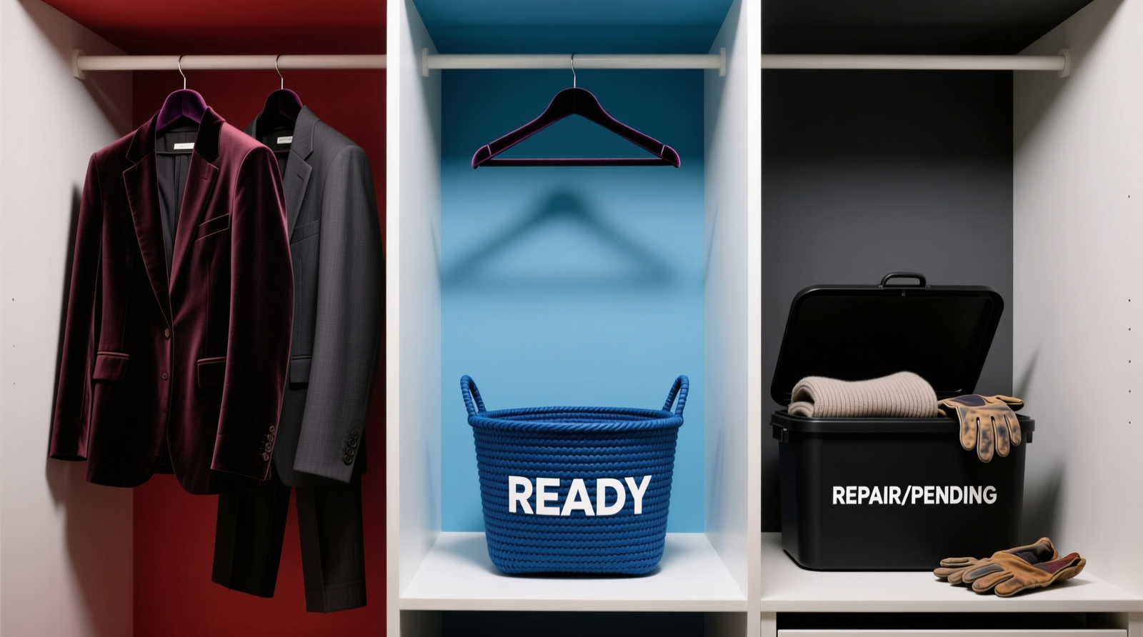 A minimalist closet section showing three vertical zones: left with identical black hangers holding only long-sleeve tops, center with tan hangers holding only pants, right with navy hangers holding only outerwear—each zone marked by large, high-contrast icons (👕, 👖, 🧥) mounted at eye level on clean white wall
