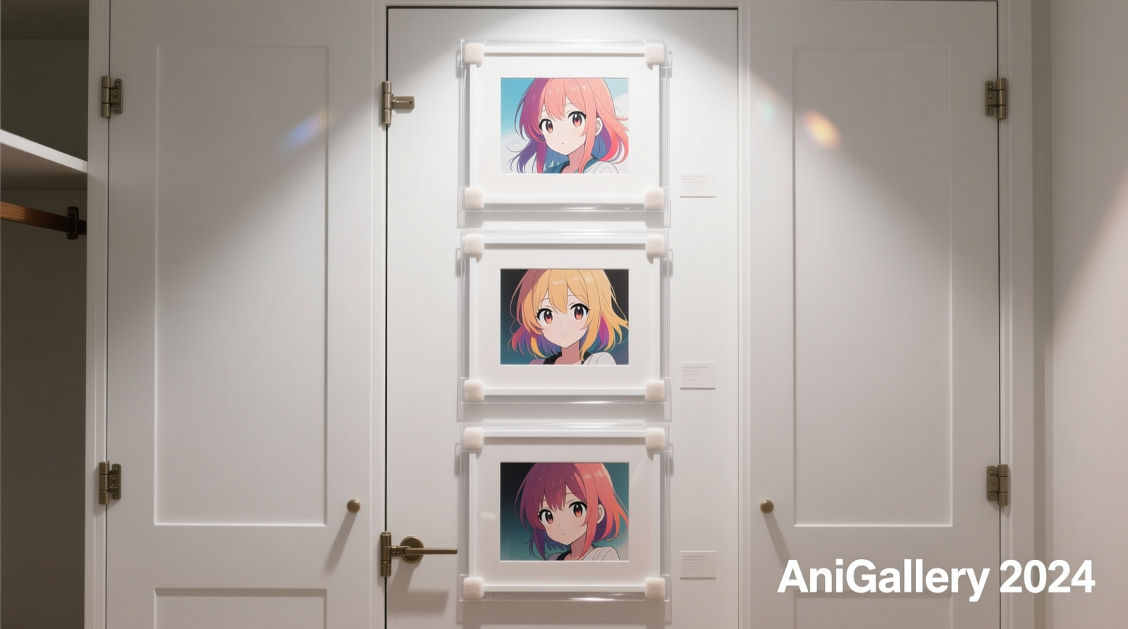 Three labeled acid-free mailing tubes standing vertically in a well-lit, dry closet interior, each containing rolled anime posters; silica gel packets visible at tube bases, no visible condensation or warping