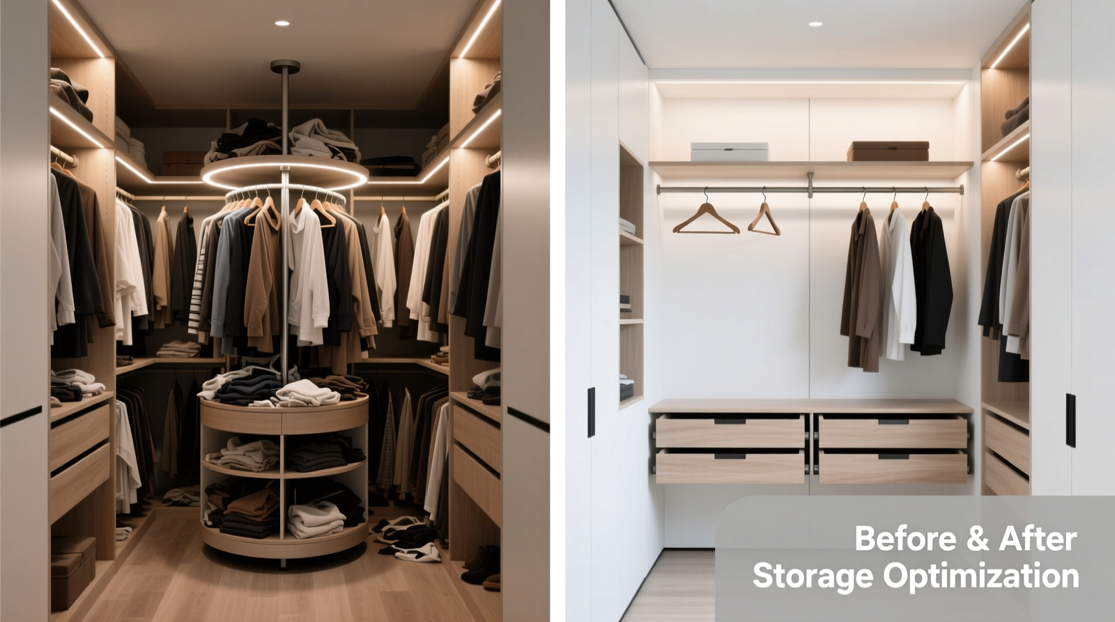 Side-by-side comparison: left shows a cluttered, single-rod closet with garments bunched and obscured; right shows a streamlined dual-tier closet with short items on top rod, long items below, and slim slide-out shelves holding folded knits and accessories—all within a 24-inch-deep frame