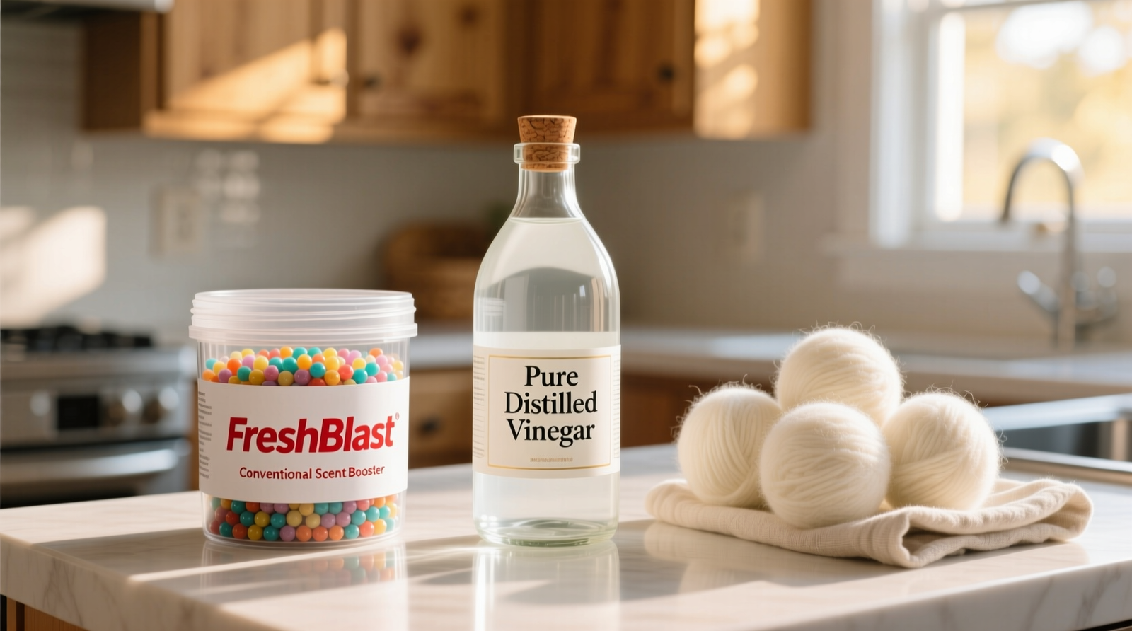 Side-by-side comparison: a labeled jar of commercial scent booster beads next to a clear glass bottle of white vinegar and a box of EPA Safer Choice–certified unscented detergent, all placed on a clean, uncluttered laundry counter