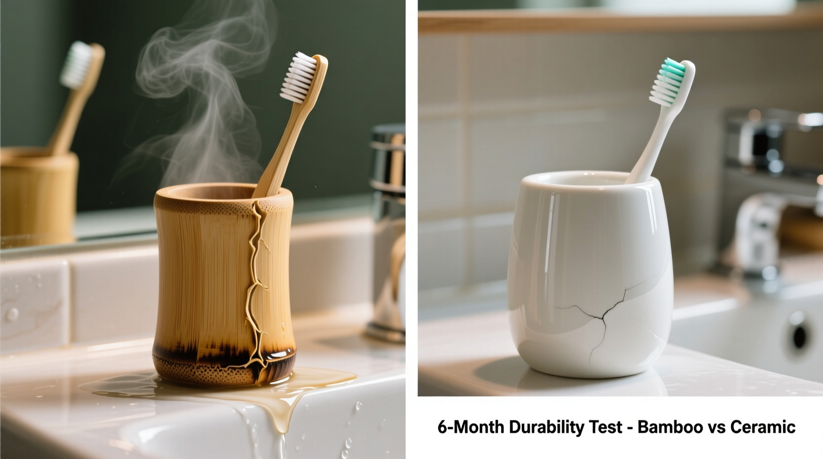 Side-by-side comparison: a bamboo toothbrush holder showing subtle darkening and grain swelling at the waterline versus a glossy white ceramic holder with crisp, unblemished glaze and no discoloration after six months of identical bathroom use