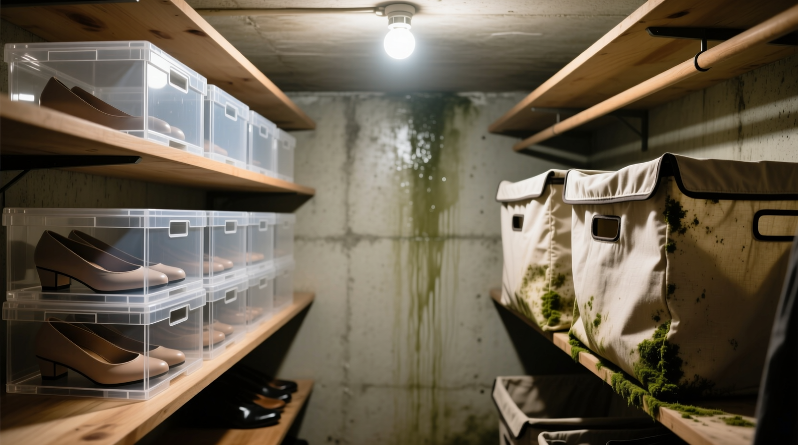 Side-by-side comparison showing pristine clear acrylic shoe boxes on open maple shelving next to discolored, slightly warped fabric stackable bins with visible mildew stains along folded edges in a humid basement closet