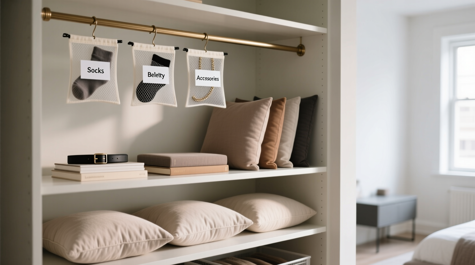 Close-up photo showing two black adhesive hooks mounted on a white closet door: a contoured lumbar support hanging freely from the upper hook, and a gray ventilated fabric bin holding a black gaming chair seat cushion clipped to the lower dual-hook bracket. Labels 'LUMBAR' and 'SEAT' are visible on bin tabs.