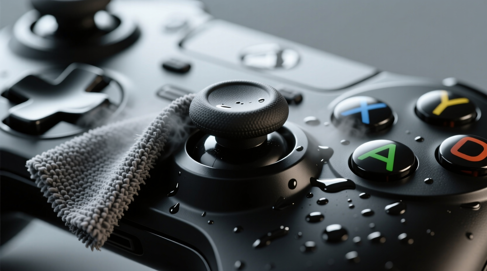 Close-up photo of a gloved hand gently wiping a DualSense controller button with a folded microfiber cloth, showing minimal moisture contact and no pooling around the rim