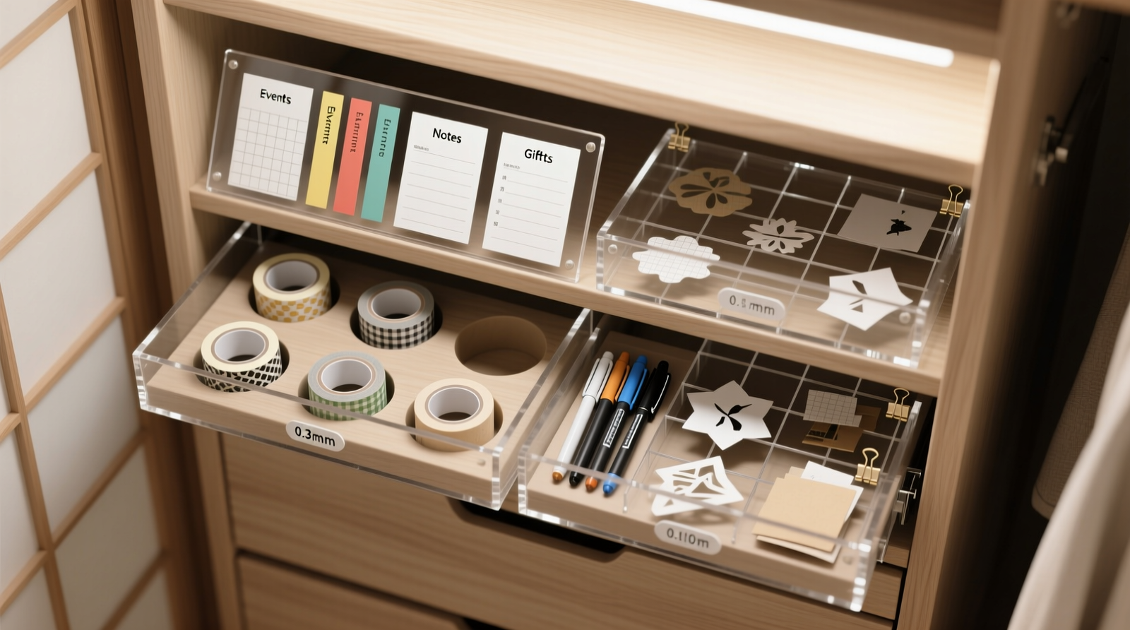 Top-down view of a 4-drawer closet unit with clear acrylic inserts: front drawer holds upright sticker sheets in labeled vertical slots; second drawer organizes washi tape rolls in circular cutouts; third drawer stores fineliners in staggered hexagonal wells; fourth drawer uses adjustable grid walls for die-cuts and ephemera. All inserts sit flush within drawer frames, with no overhang.