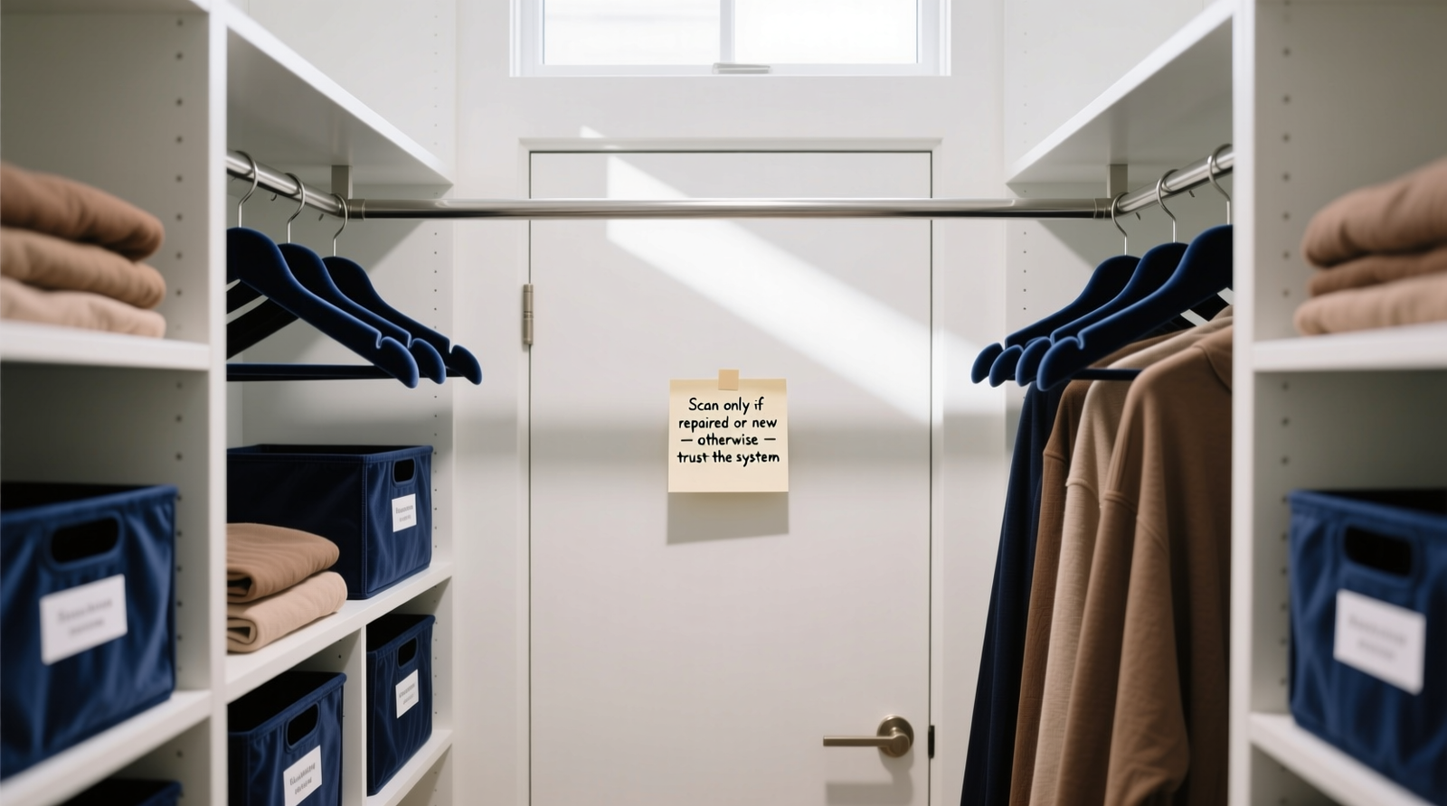 A minimalist, well-lit closet with labeled modular bins, uniform velvet hangers, and a small sticky note on the door reading 'Scan only if repaired or new — otherwise, trust the system.'