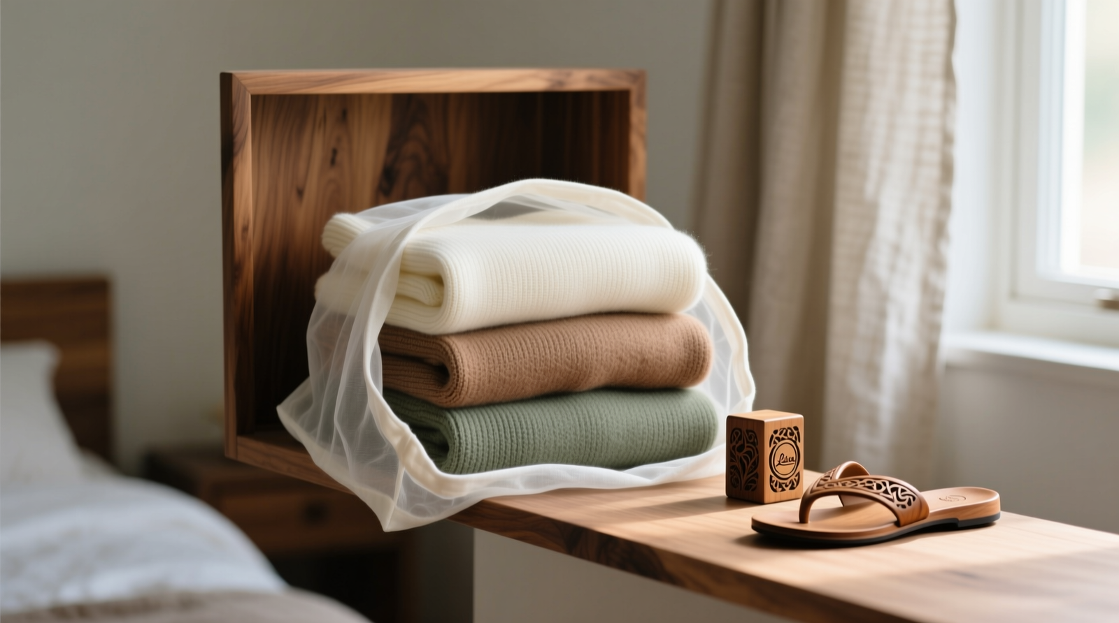 Three folded cashmere sweaters stacked neatly inside a breathable off-white cotton garment bag, placed on a cedar-lined wooden shelf with a small sandalwood block beside them