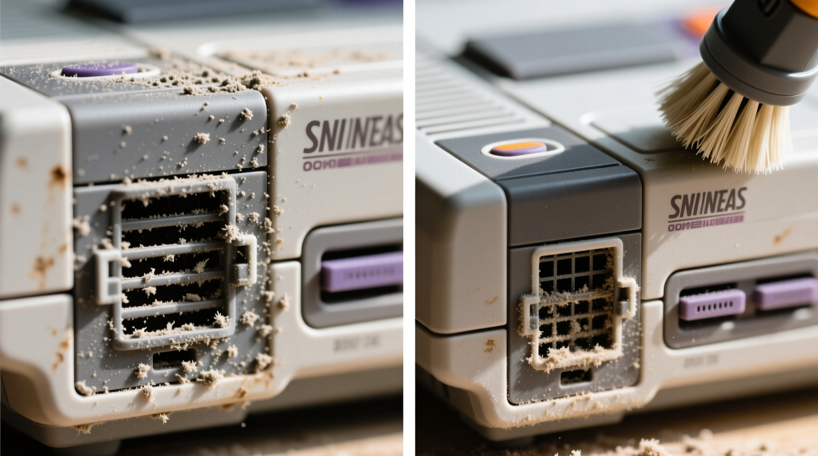Side-by-side macro photography showing dusty PS5 vent lattice before treatment and same vent after eucalyptus-infused air cleaning—dust visibly absent, no streaks or residue, matte finish intact