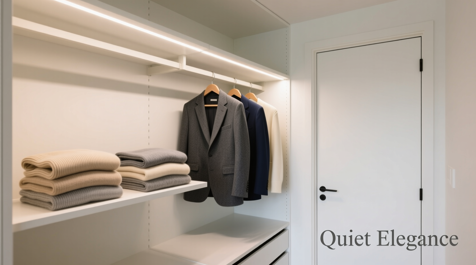 Close-up of a minimalist walk-in closet with warm-white LED strip lighting mounted discreetly along the top interior edge of the door frame, illuminating folded sweaters and hanging blazers without glare or shadows
