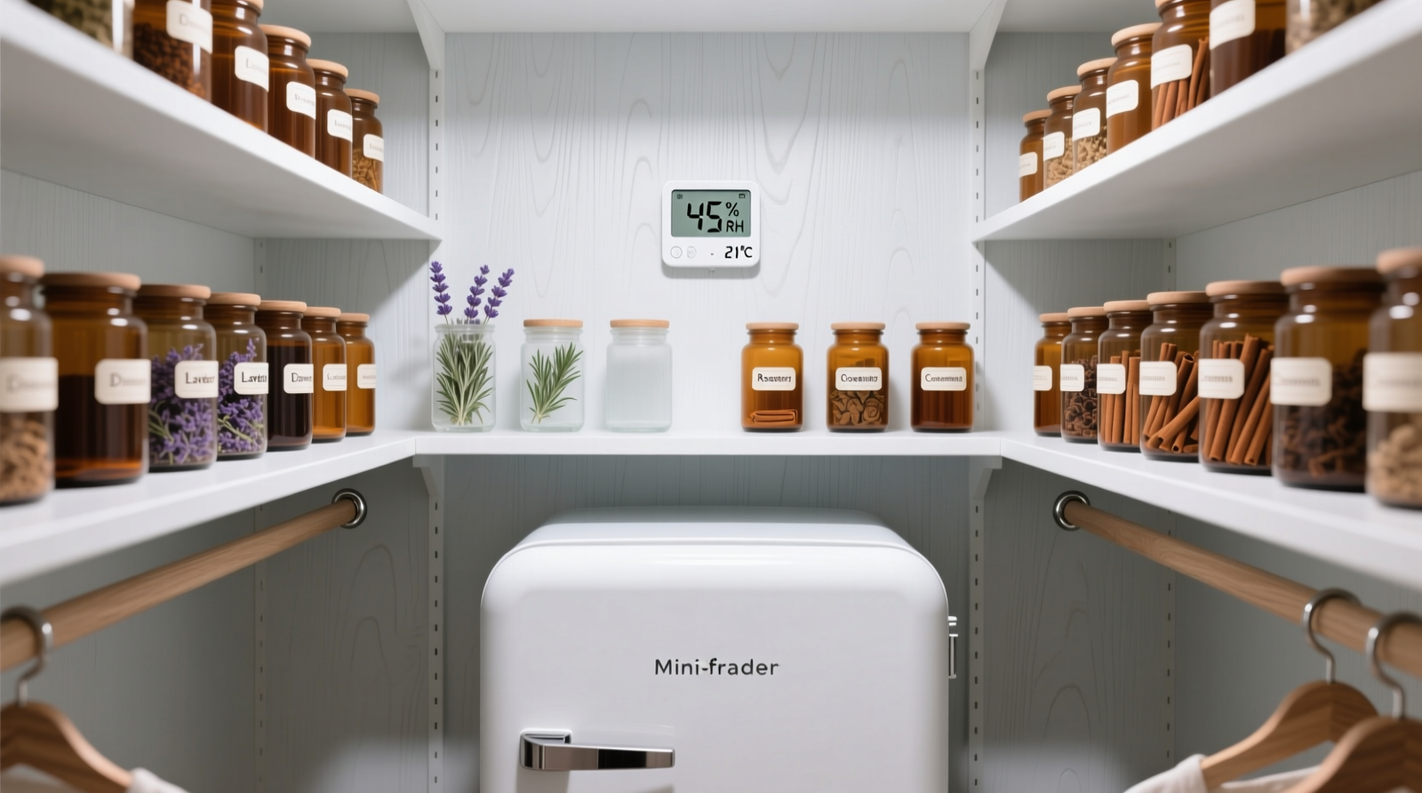 A well-organized closet interior showing labeled amber glass jars on a cool north-facing shelf, a small silent mini-fridge tucked beneath, and a digital hygrometer/thermometer mounted discreetly on the wall