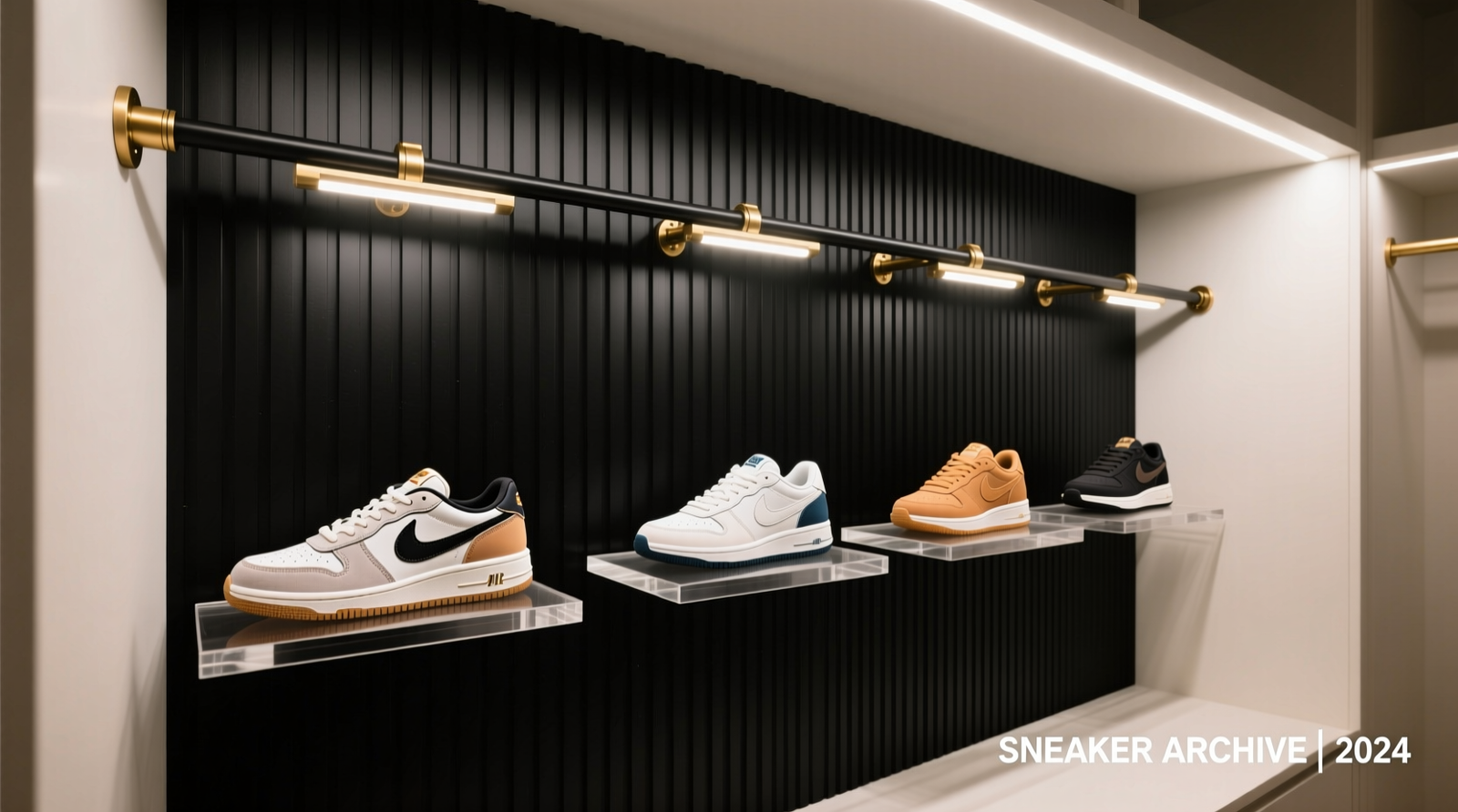 A 22-inch-deep shallow closet transformed into a minimalist sneaker gallery: matte black vertical track system with five adjustable brass-finish LED arms, each illuminating a pair of sneakers on floating acrylic shelves; soft warm light highlights sole contours and embroidered branding without reflection or glare