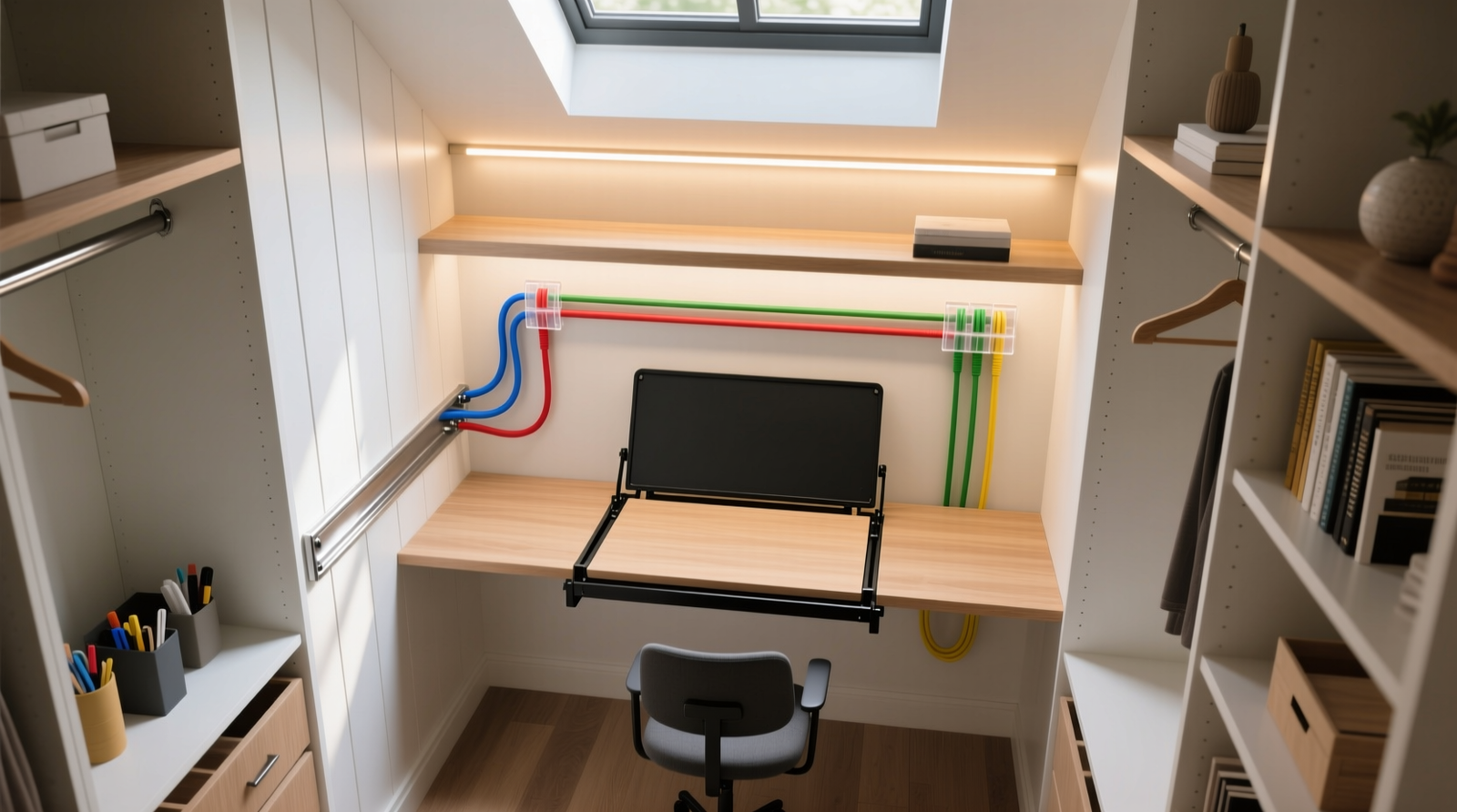 Overhead view of a transformed reach-in closet: wall-mounted fold-down desk at center, recessed LED strip under floating shelf, color-coded cables secured with adhesive clips and routed through a discreet raceway along the left wall