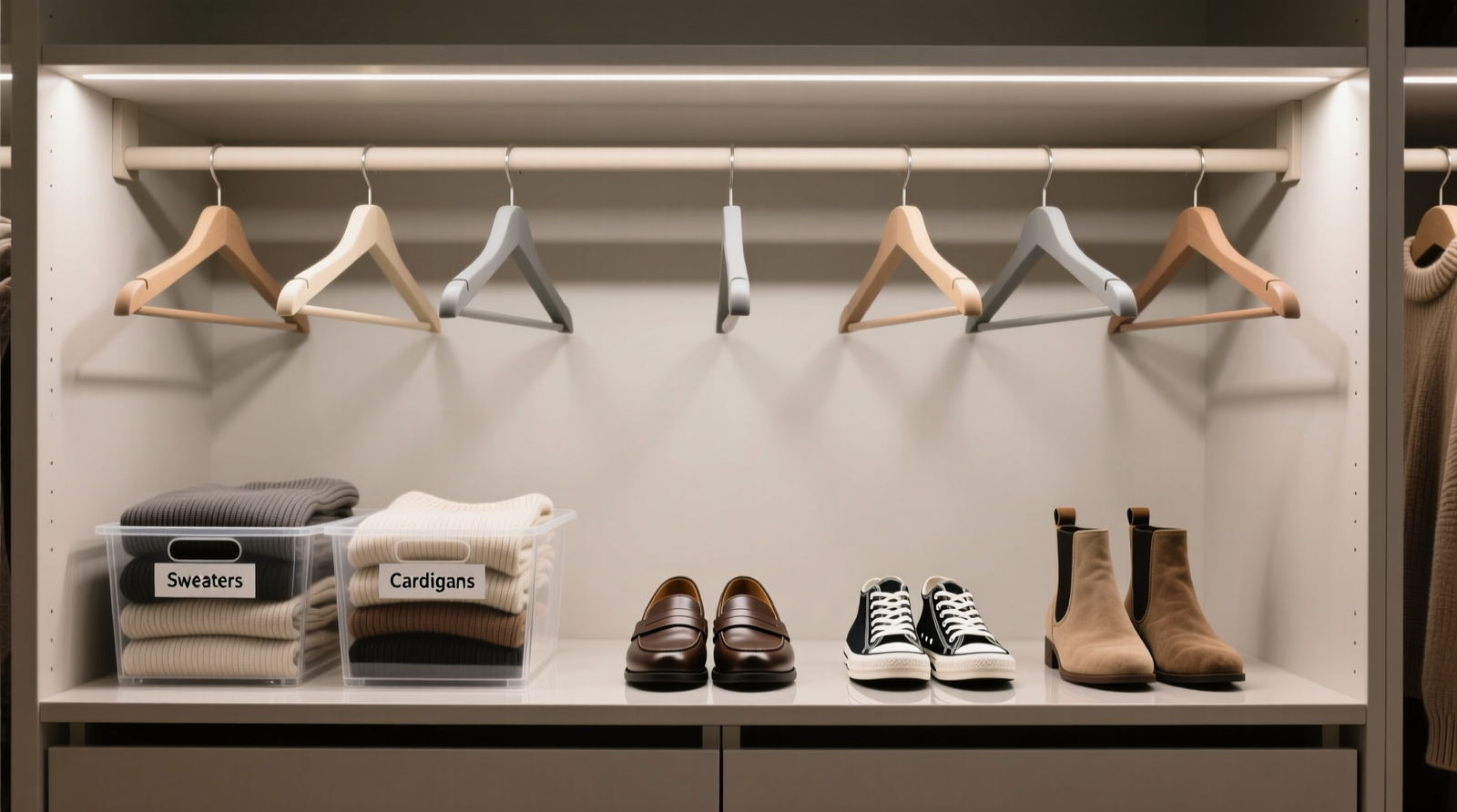 A streamlined closet showing uniformly spaced hangers with coordinated neutrals, folded knits in labeled bins, and a single shelf holding three versatile shoes—loafers, low sneakers, and ankle boots—arranged front-facing and aligned