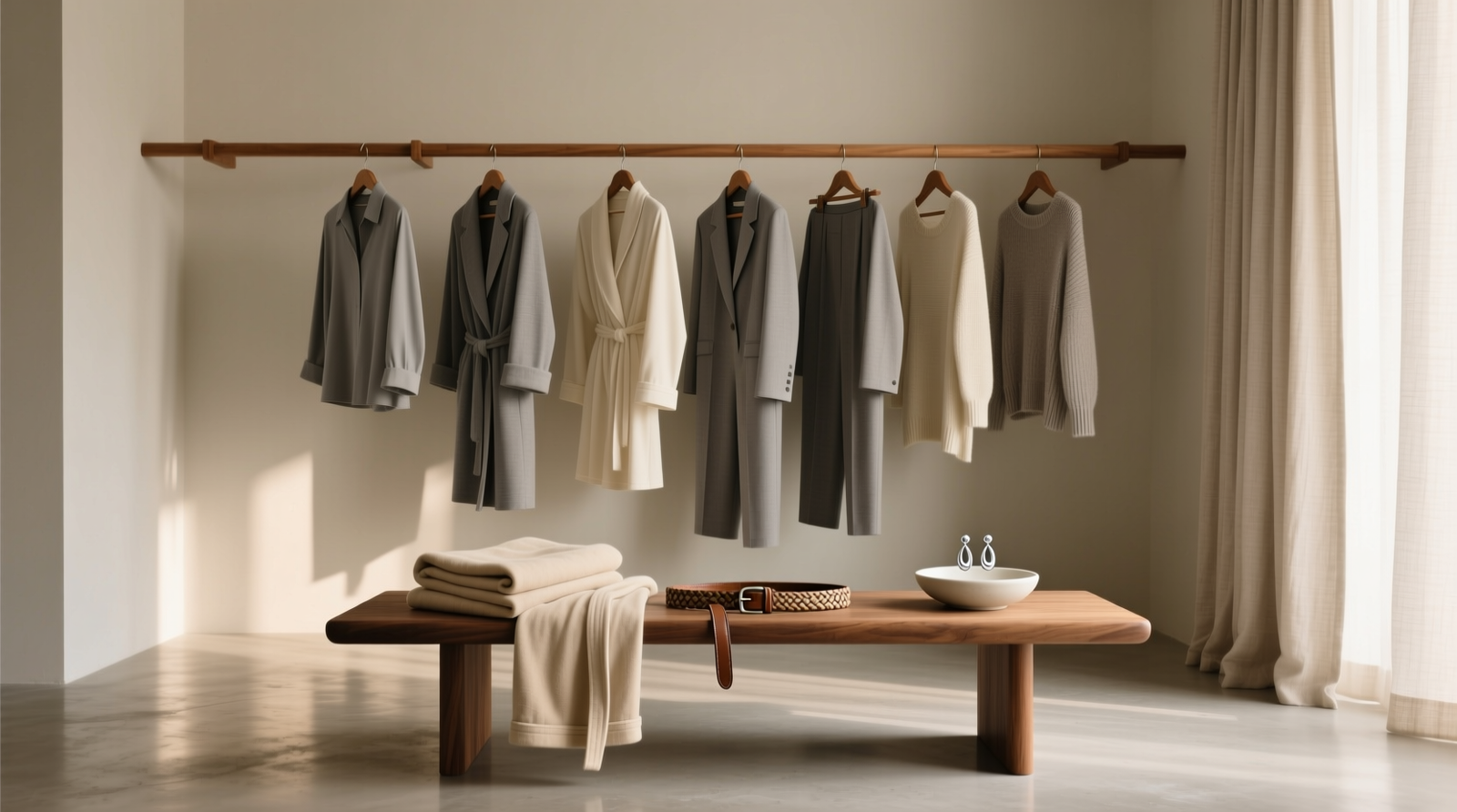 A minimalist walk-in closet with soft ambient lighting: neutral linen curtains partially drawn, mid-height oak hangers holding seven coordinated garments in tonal greys and creams, a low walnut bench with folded oatmeal robe and woven leather belt, and a single ceramic dish holding one pair of minimalist earrings