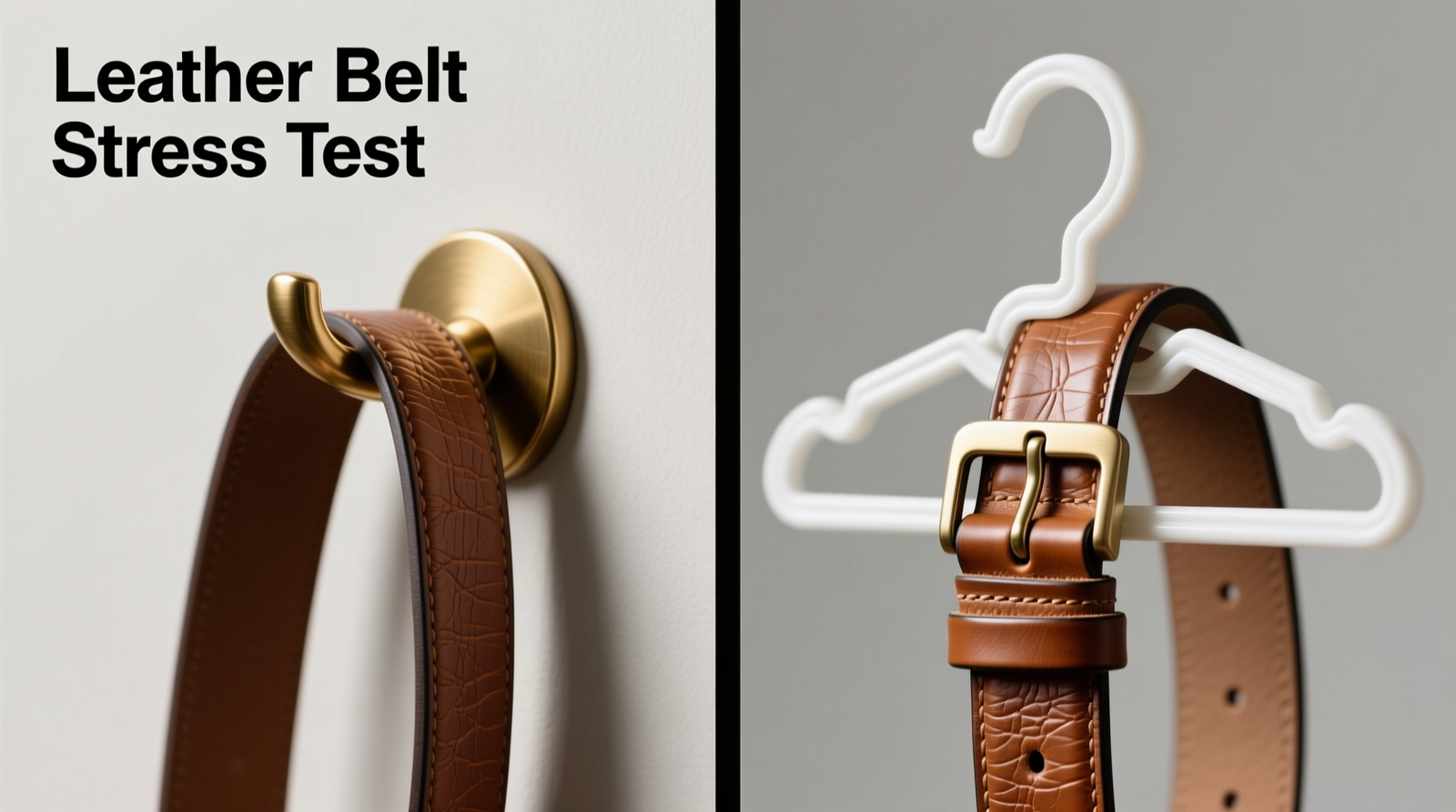 Side-by-side comparison: leather belt draped smoothly over a polished brass looped wall hook versus the same belt pinched tightly at the buckle end by a plastic belt hanger, highlighting visible distortion and compression folds