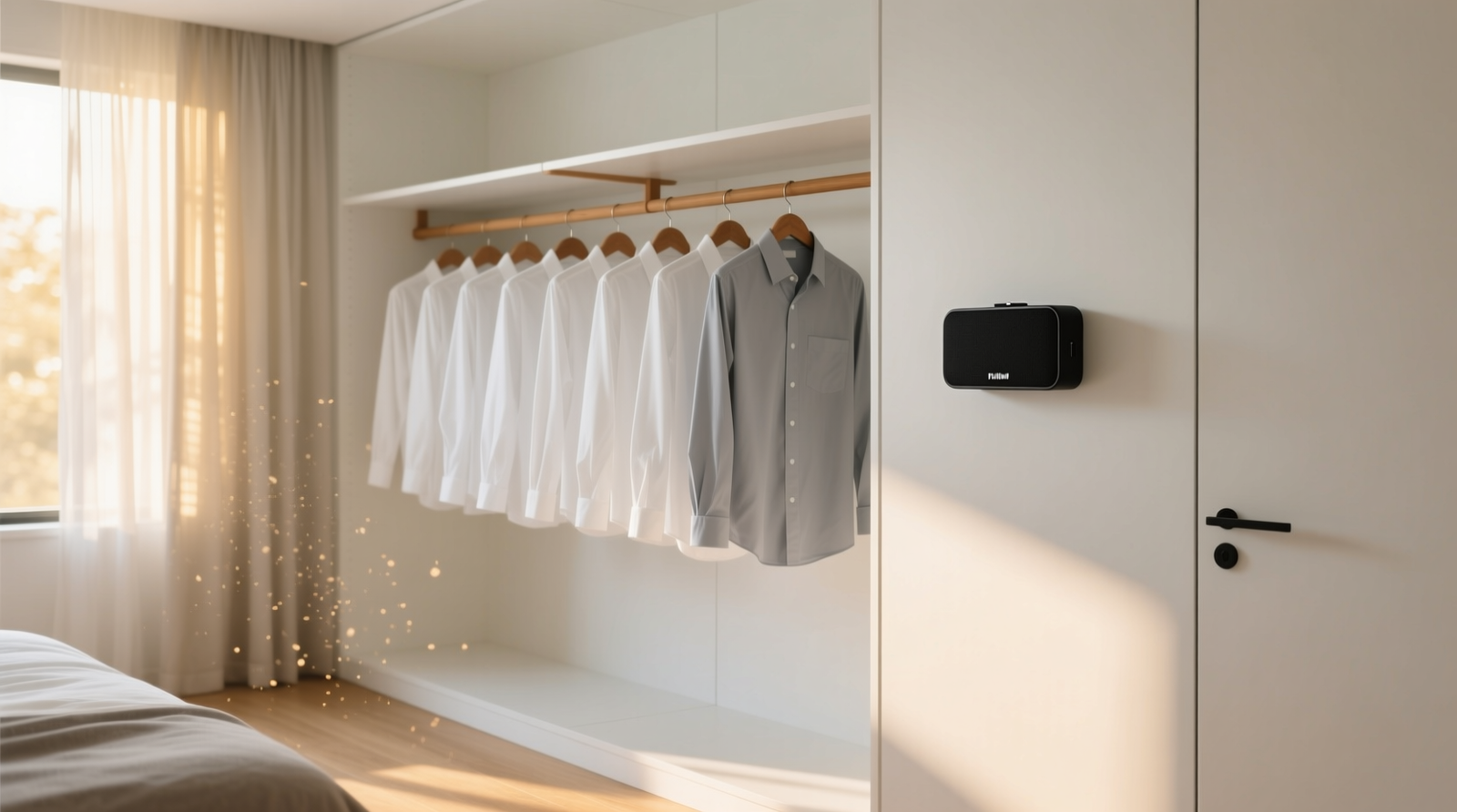A minimalist white closet interior with a sleek matte-black Bluetooth speaker mounted discreetly on the upper right door frame; a neatly organized row of shirts hangs within view, and soft morning light filters through a nearby window