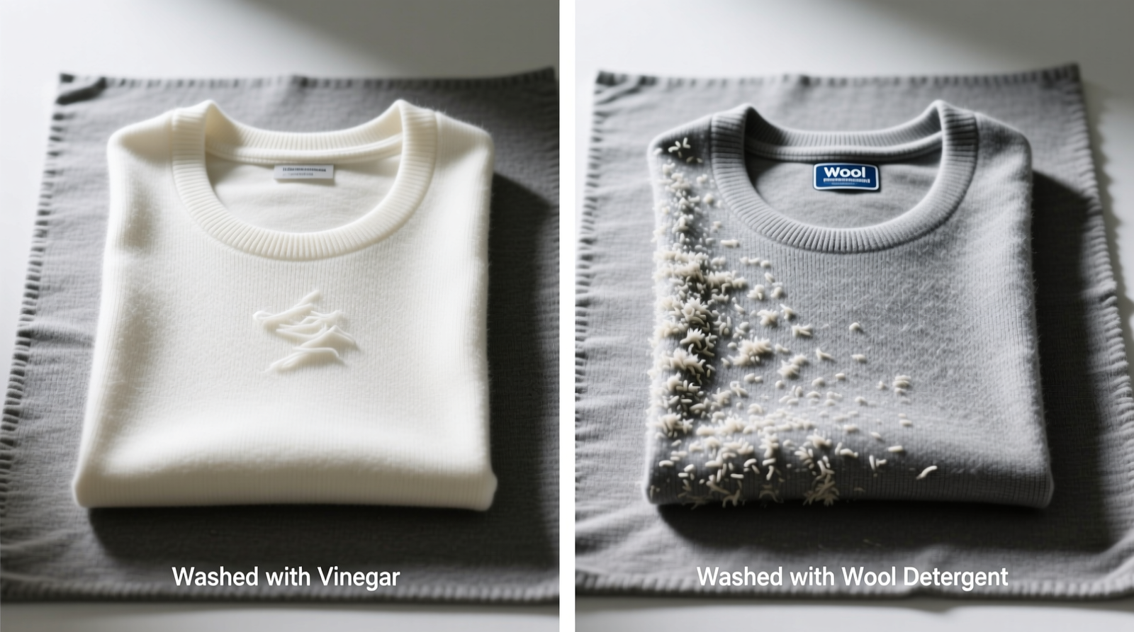 Side-by-side comparison: a merino base layer washed 15 times with vinegar (left) showing intact texture and sheen versus same garment washed 15 times with branded wool detergent (right) exhibiting visible pilling, fuzziness, and dullness