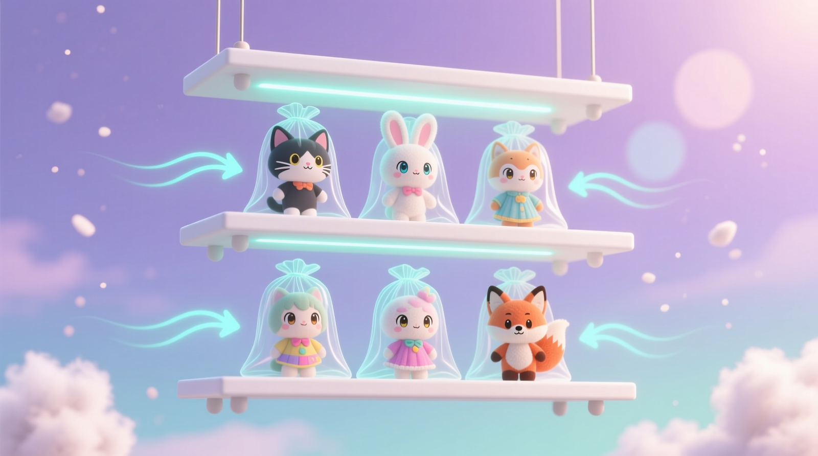 Closet interior showing staggered-height fabric hangers suspending anime plush upright, each with discreet embroidered labels and archival tissue tucked beneath arms to prevent shoulder sag