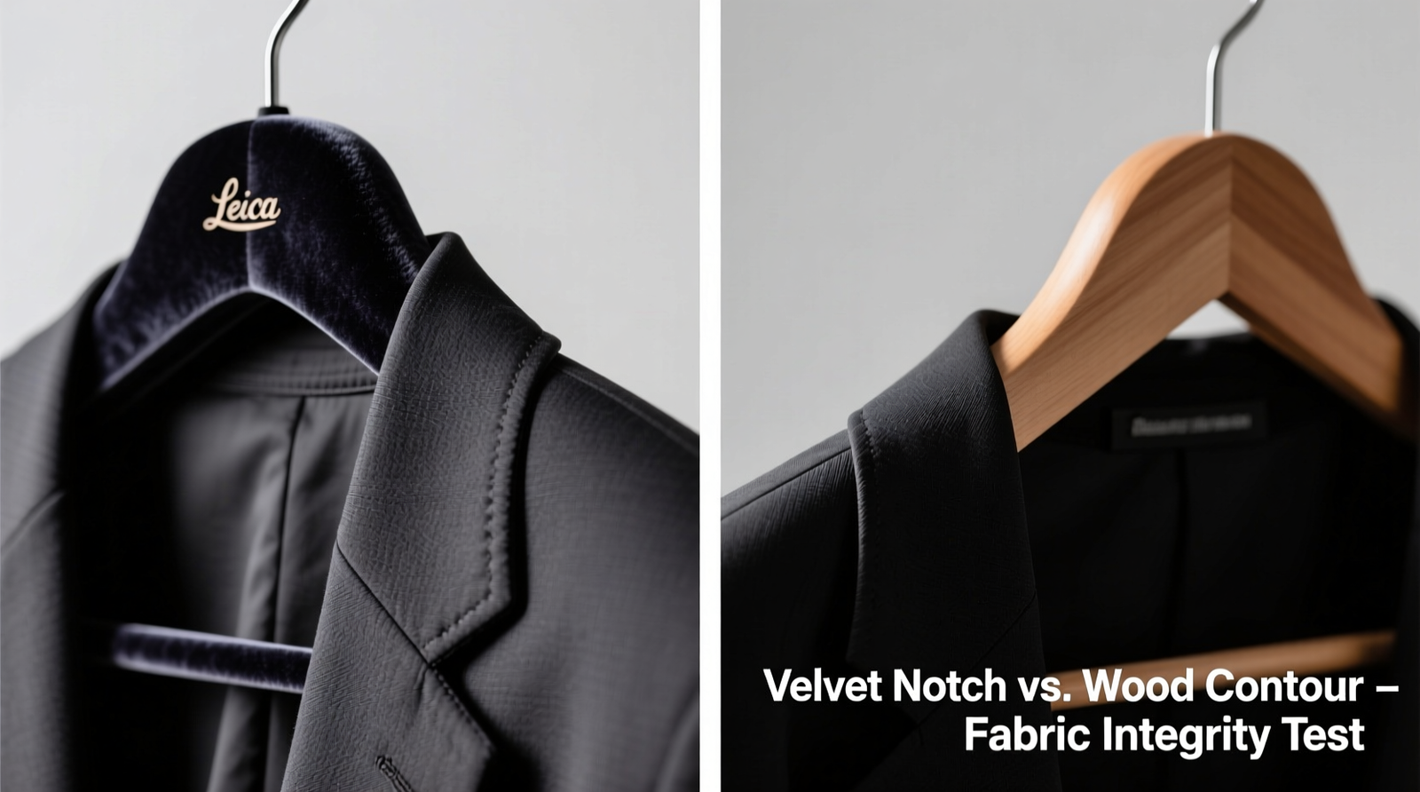 Side-by-side macro photo showing proper velvet hanger notch engagement with blazer shoulder seam versus contoured wood hanger causing visible fabric pull at sleeve cap