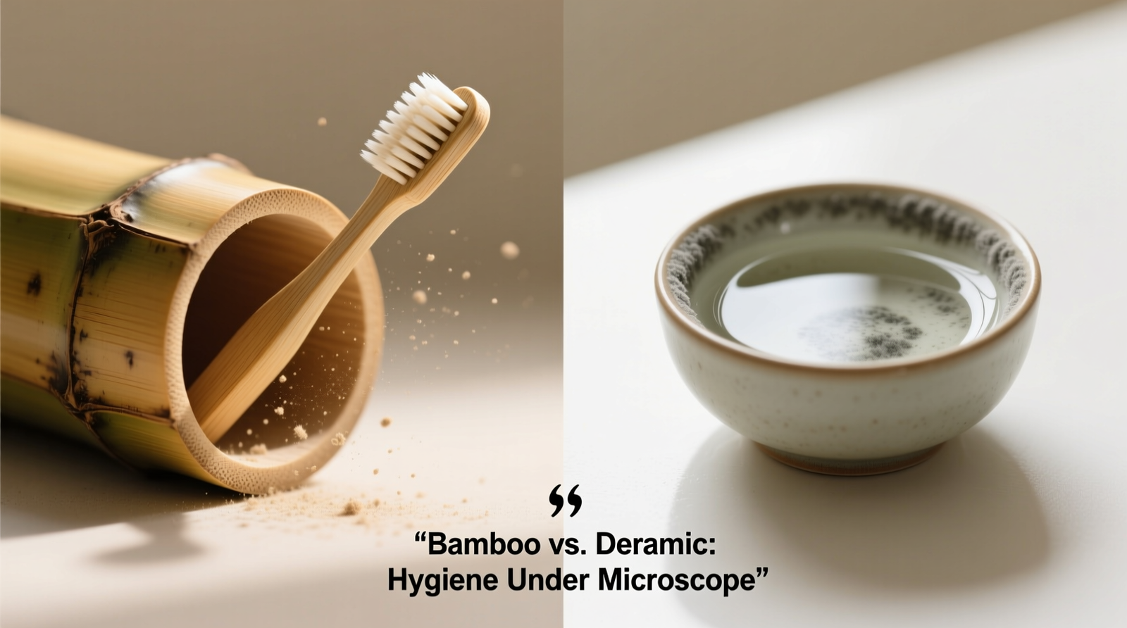 Side-by-side comparison: a tilted bamboo holder with visible air gaps beneath bristles versus a flat ceramic cup with pooled water at its base and faint gray mildew rings near the rim