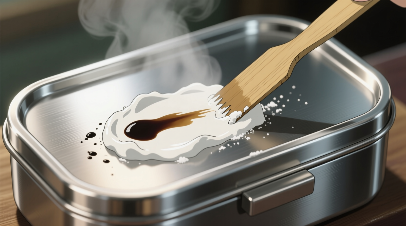 Close-up of a stainless steel anime bento box lid being cleaned with a bamboo scraper gliding smoothly over a baking soda paste-coated surface, with visible removal of a faint soy sauce stain—no pressure marks, no lifted ink, no streaking.