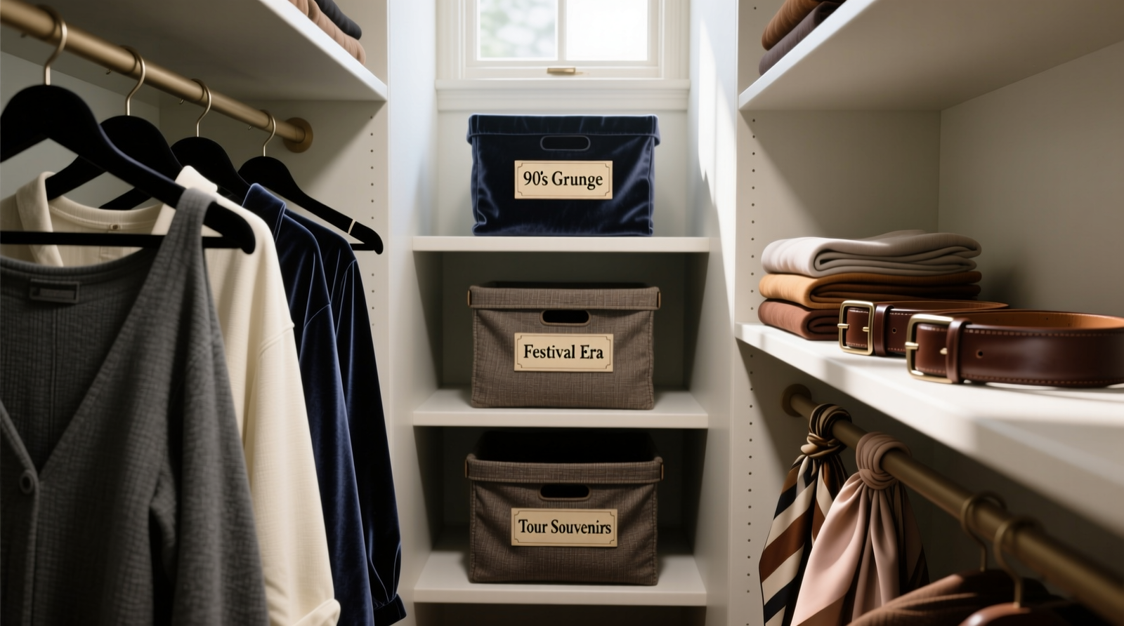 A split-view closet interior: left side shows structured blazers and dress shirts on slim velvet hangers aligned at exact 1.5-inch intervals; right side displays folded organic cotton knits in identical gray linen bins, each holding exactly 7 folded items; a central transition shelf holds three labeled cloth pouches—one with 'Review: Denim', one with 'Try: Linen Blazer', one with 'Donate: Winter Scarves'
