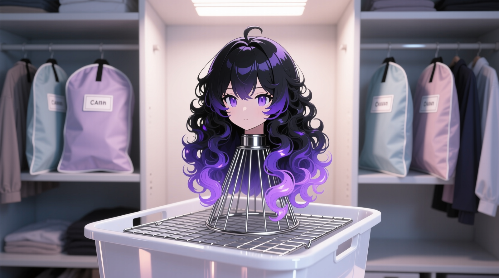 A curly black-and-purple anime-style cosplay wig mounted upright on an inverted stainless steel wire cooling rack, nestled inside a shallow white plastic storage bin; background shows a tidy closet shelf with labeled garment bags and soft lighting