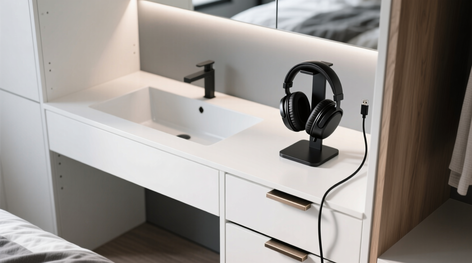 Overhead view of a minimalist white closet vanity with a compact matte-black gaming headset stand positioned on the right edge; a black USB-C cable runs cleanly from the stand down the cabinet’s interior right side panel, disappearing behind a closed drawer