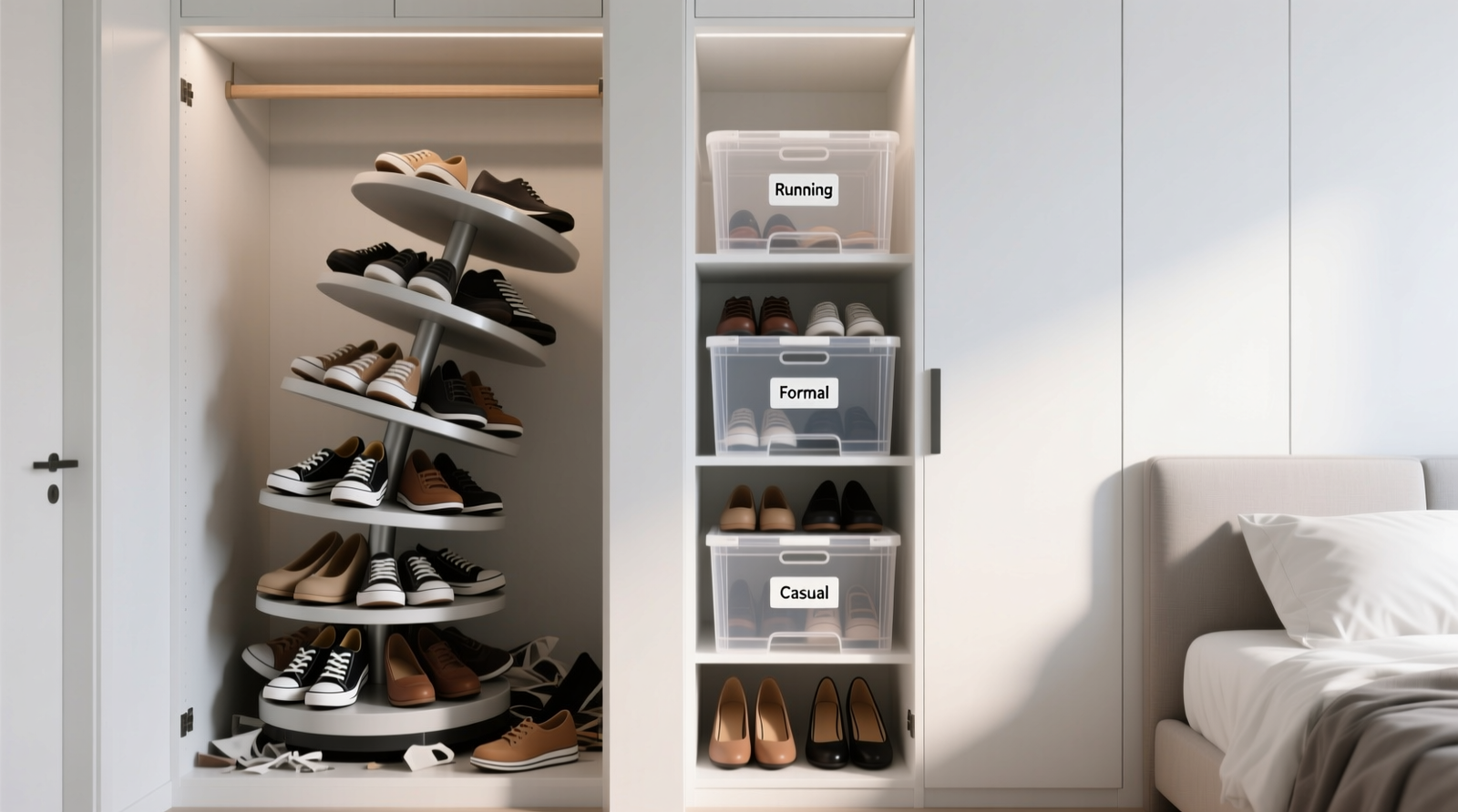 Two side-by-side closet interiors: left shows a crowded, wobbling shoe turntable with three shoes visible; right shows a narrow 16-inch-deep closet with three labeled, clear stackable bins—each fully front-facing, with all shoes clearly visible and accessible without bending or shifting