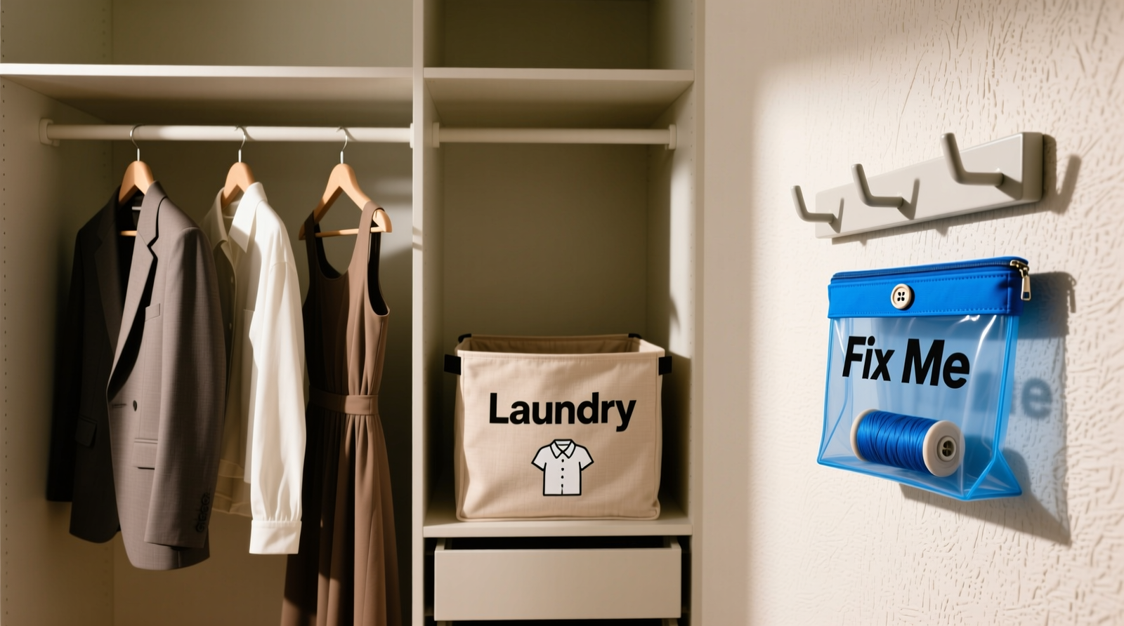 A narrow reach-in closet with three clearly defined zones: left side has three full outfits on identical hangers facing forward; center has an open fabric bin labeled 'Laundry' with a photo of a shirt icon; right side shows a small wall-mounted hook with a bright blue pouch labeled 'Fix Me' containing a button and thread spool