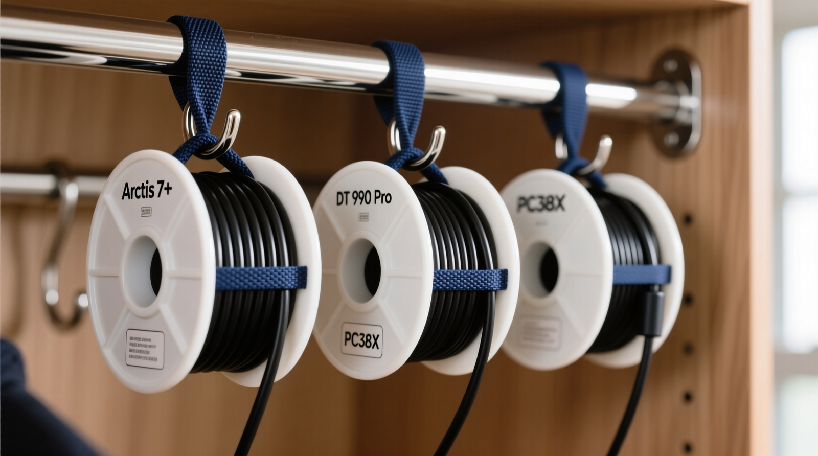 Close-up photo showing a black gaming headset cable suspended between two matte-white L-shaped closet shelf brackets, with a loose overhand knot secured only at the gold-plated 3.5mm jack; cable lies straight and untwisted, no contact between segments.