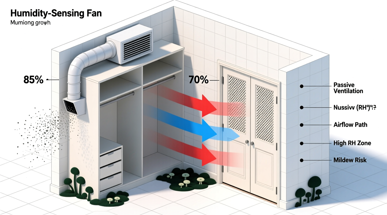 Side-by-side diagram showing a closet with a ducted humidity-sensing fan exhausting to the exterior wall versus a closet with passive vent panels in the door and jamb—annotated with airflow arrows, RH percentages, and mildew growth indicators