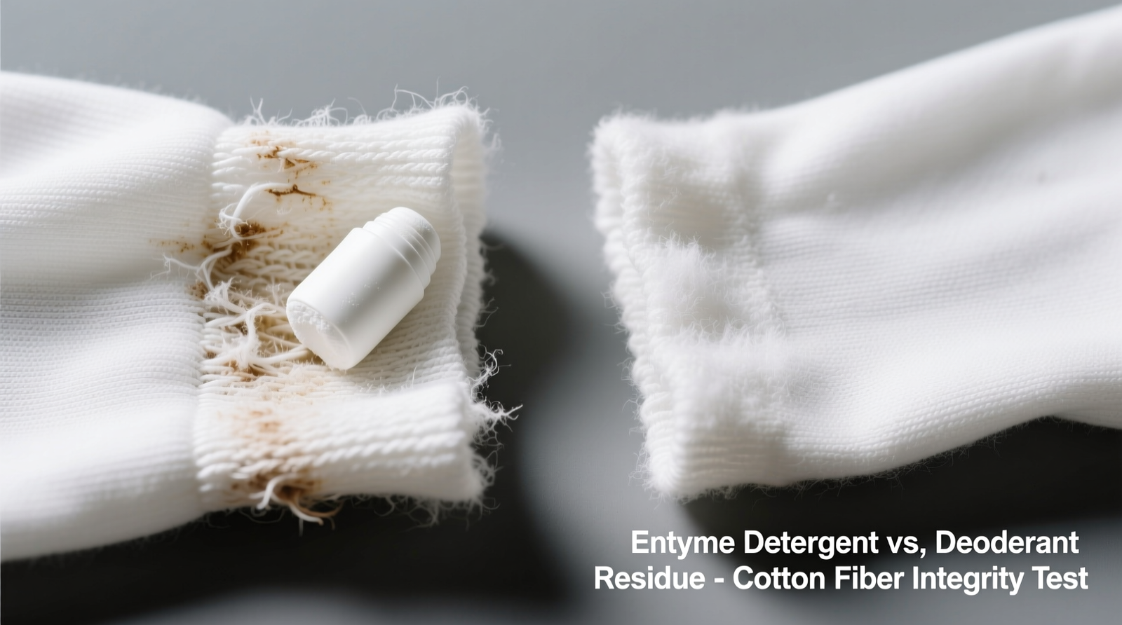 Close-up of a white cotton dress shirt armpit area before and after treatment: left side shows opaque white crust; right side reveals clean, fiber-intact fabric with subtle weave texture visible