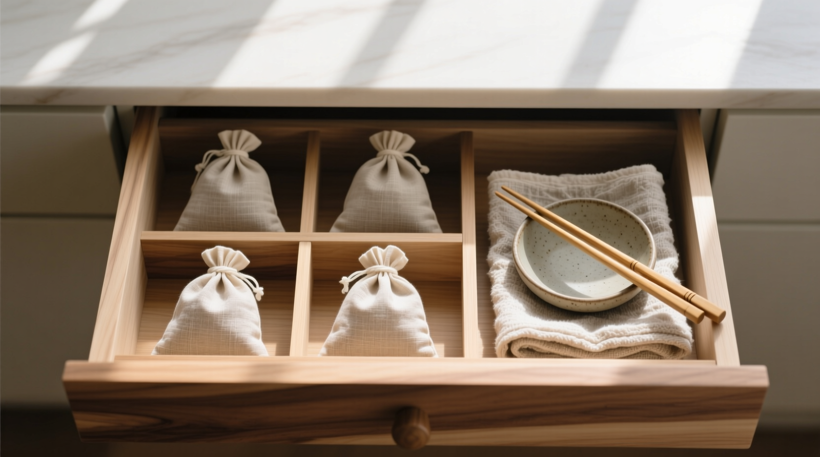 Top-down photo of three upright, labeled mesh bags arranged vertically in a shallow cedar-lined drawer, each containing neatly stacked light-gray cotton rounds; soft natural light, no clutter