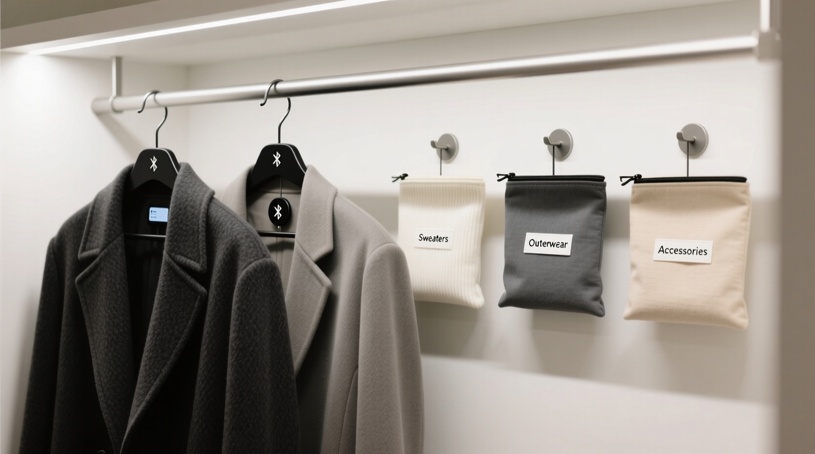 A minimalist closet with labeled fabric pouches hanging beside three Bluetooth tags clipped discreetly inside garment seams—no visible wires, no hub, no app screen in view