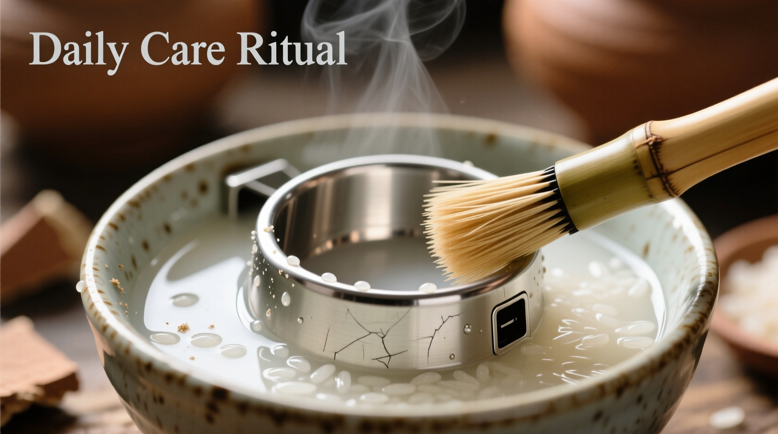 Close-up of a stainless-steel automatic pet feeder hopper being gently brushed with a soft bamboo brush while submerged in cloudy, milky rice water slurry inside a ceramic bowl