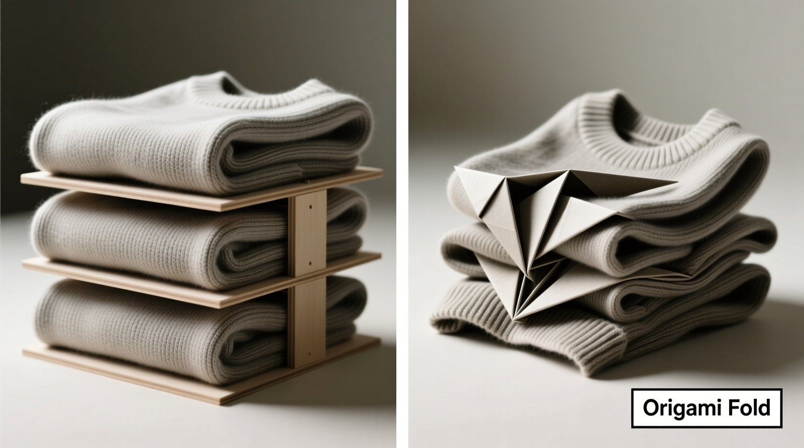 Side-by-side comparison: left shows three identical merino sweaters folded with a rigid folding board, stacked vertically with crisp, aligned edges; right shows same sweaters folded via origami technique, visibly uneven in height, with twisted shoulders and compressed hems