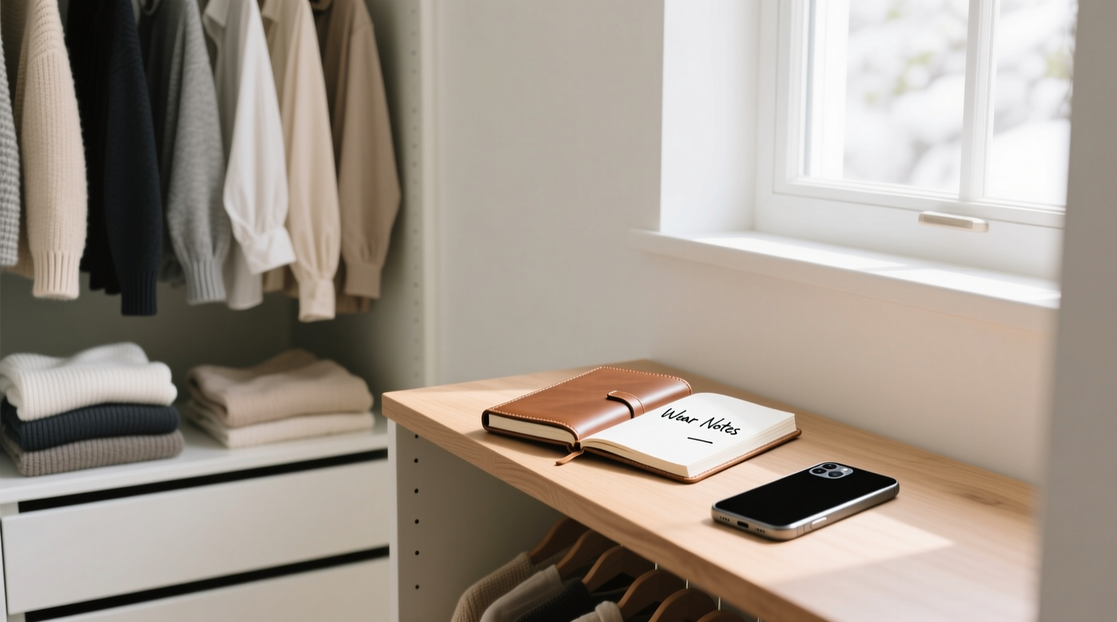 A clean, well-lit closet with garments grouped by category and season, featuring a small notebook on a shelf labeled 'Wear Notes' and a single smartphone placed face-down beside it—symbolizing intentional, low-tech tracking