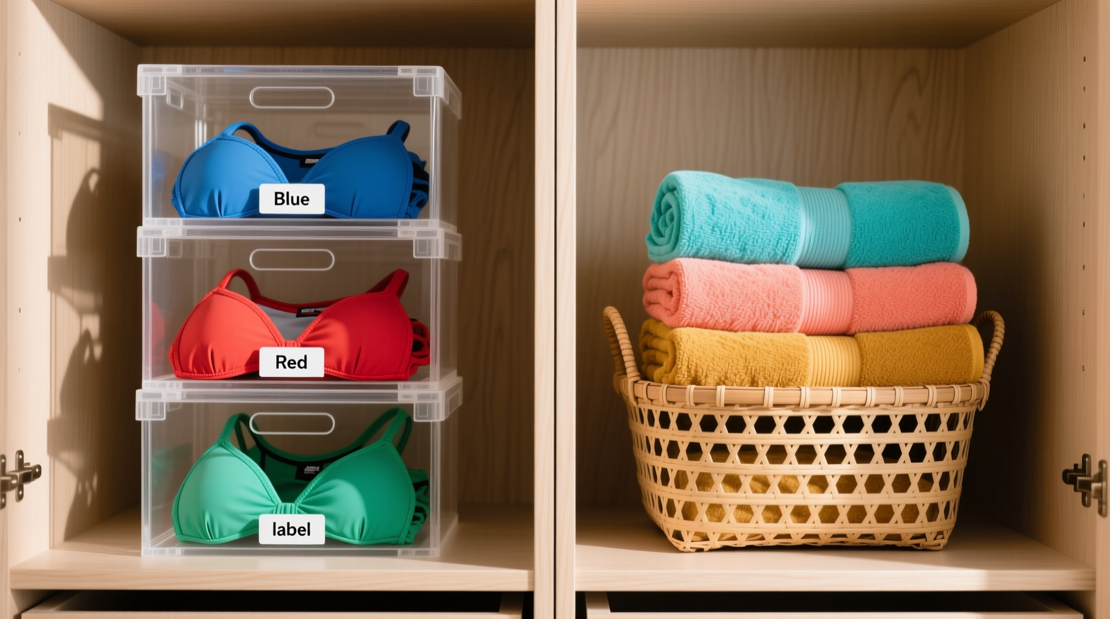 Three labeled cotton garment bags—blue for summer, teal for spring/fall, coral for winter—standing upright on a ventilated wooden shelf with airflow gaps, separated from wool sweaters by acid-free tissue paper