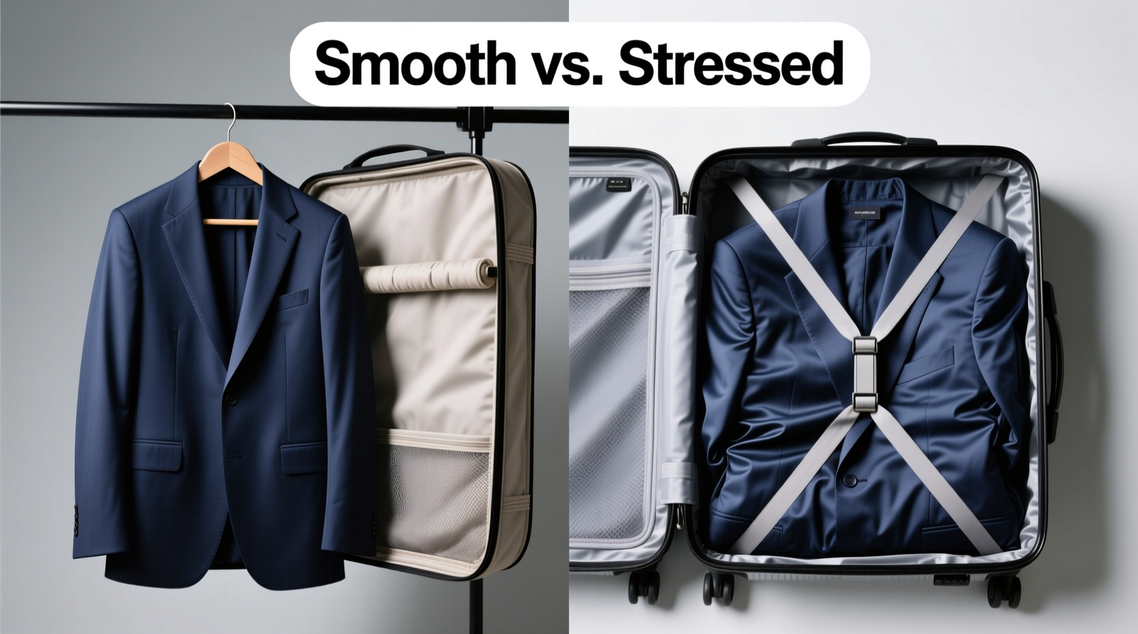Side-by-side comparison: a navy suit hanging smoothly inside a open foldable garment bag with padded bar, versus the same suit visibly creased at shoulders and sleeves inside a rigid suitcase compartment with compression straps tightened