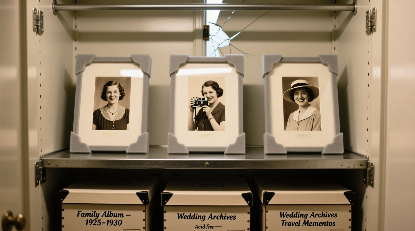 Close-up of a white interior closet door with three minimalist black-framed photos hung evenly using spring-loaded French cleats mounted along the door's vertical edge; unframed art prints clipped neatly in portrait orientation on the door face below