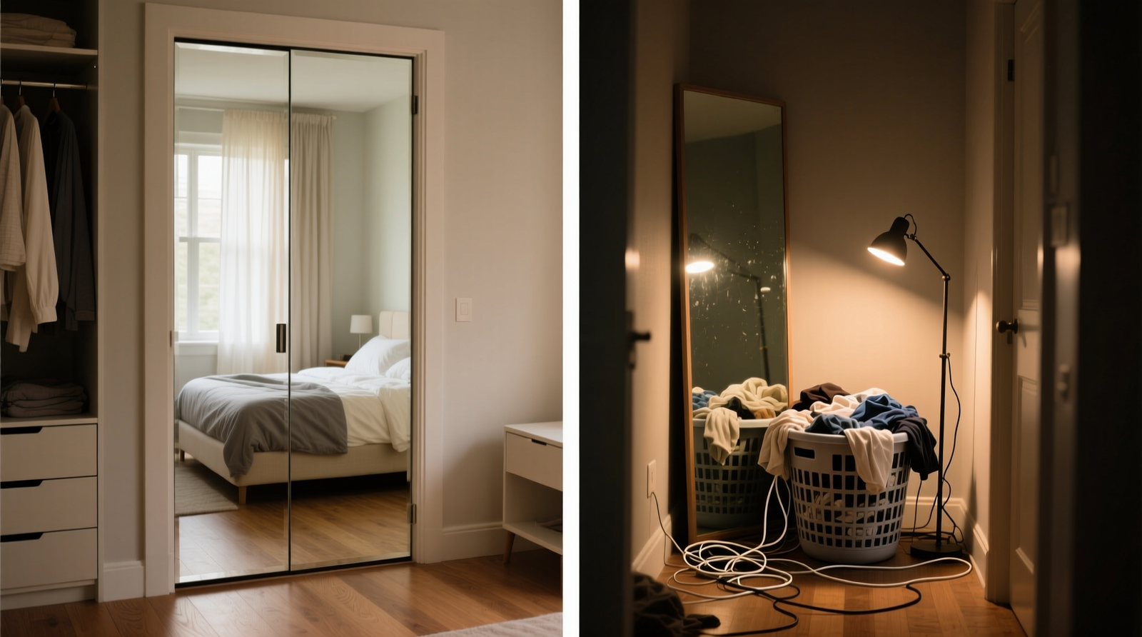 Side-by-side comparison: left shows a mirrored closet door reflecting a tidy, light-filled bedroom with neutral bedding and uncluttered floor; right shows the same door reflecting a cramped view of a laundry basket, tangled charging cables, and a leaning floor lamp