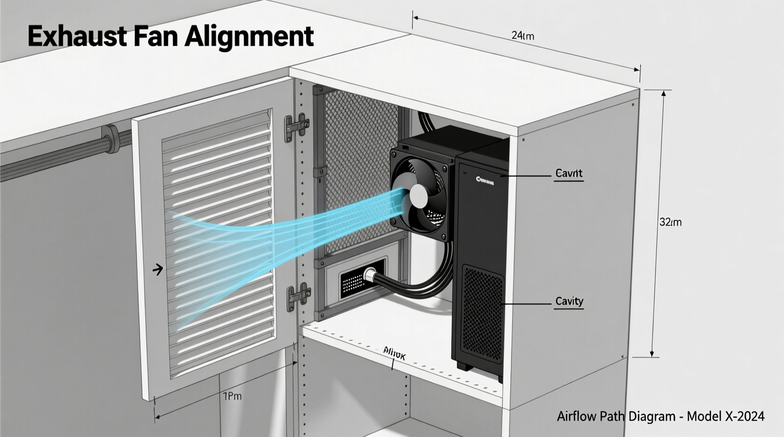 Side-view diagram of a closet cabinet modified with louvered front panel, mesh-backed rear, and externally mounted exhaust fan aligned with gaming console's rear vent