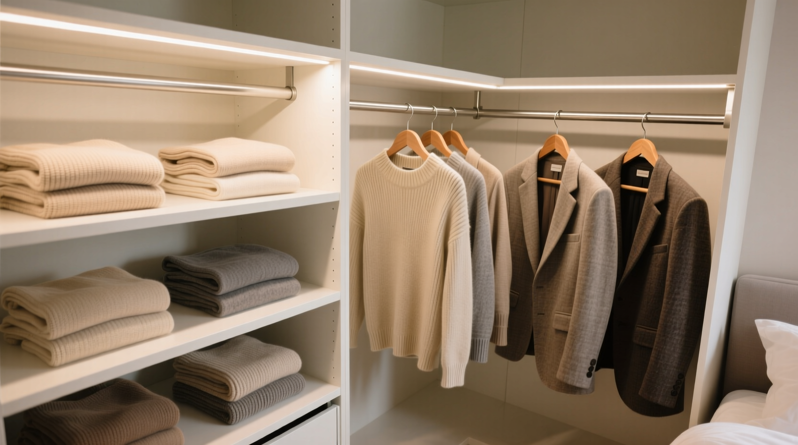 Overhead view of a well-organized closet with soft, even warm-white LED strip lighting mounted along the top shelf rail, illuminating folded sweaters and hanging blazers without glare or shadow