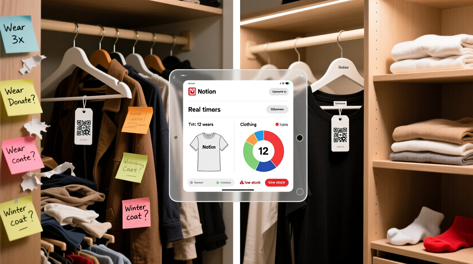 Side-by-side visual: left shows a cluttered closet with handwritten sticky notes; right shows a clean closet with QR-coded garment tags linked to a Notion dashboard displaying wear stats, category balance pie chart, and 'low-stock' alerts for socks and undershirts