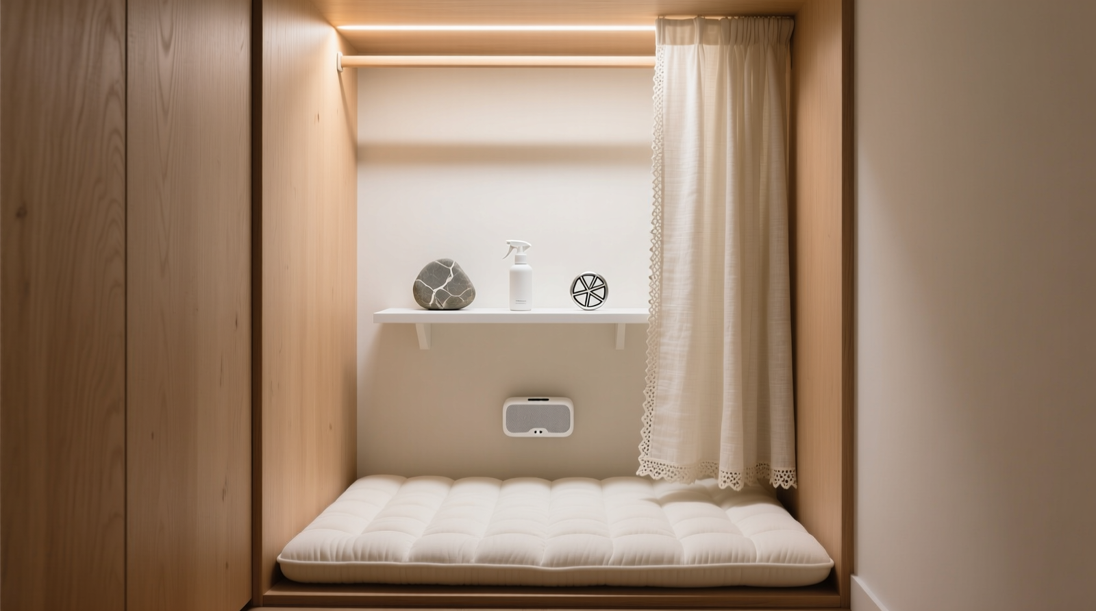 A narrow closet nook with a soft linen curtain partially drawn, warm LED light glowing evenly above a memory foam mat, a small white shelf holding a stone, spray bottle, and fidget ring—no visible clothing, no mirrors, no electronics beyond a discreet white noise speaker mounted low on the wall.