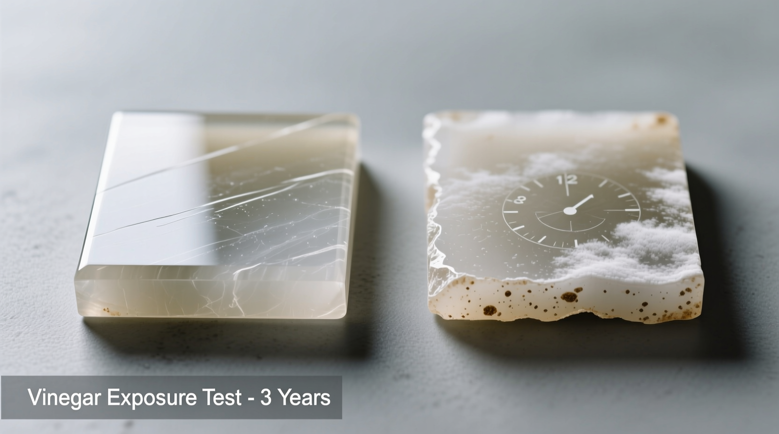 Close-up photo showing two identical quartz countertop swatches: one cleaned weekly with diluted vinegar-and-rinse protocol for 3 years (retains original luster), the other treated with undiluted vinegar left for 2 minutes weekly (shows subtle clouding along beveled edge)