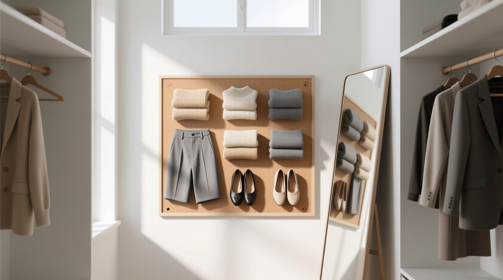 A minimalist white-walled closet with a 24x36-inch corkboard mounted at eye level, displaying eight folded knits, four tailored bottoms, and three shoes—all arranged by tonal gradient, with a full-length mirror angled to reflect both board and adjacent hanging rail
